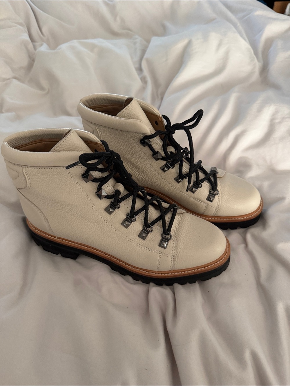 Marc Fisher Cream Leather Lace-Up Hiking Boots with Black Laces